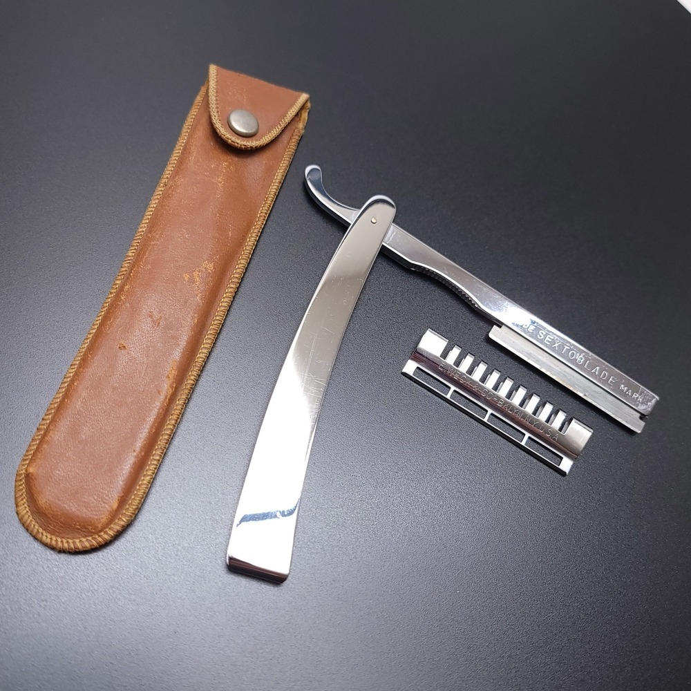 Vintage Edward Weck & Co Sextoblade Straight Razor with Leather Case Made in USA
